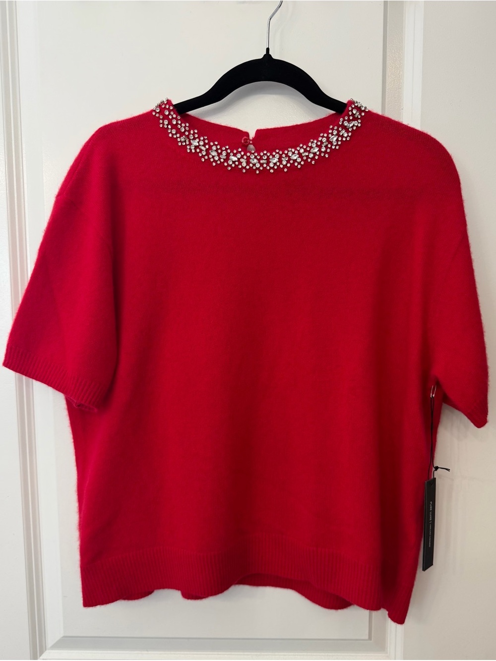 Cashmere Red Short-Sleeve Sweater Top with Jeweled Neckline by Tahari